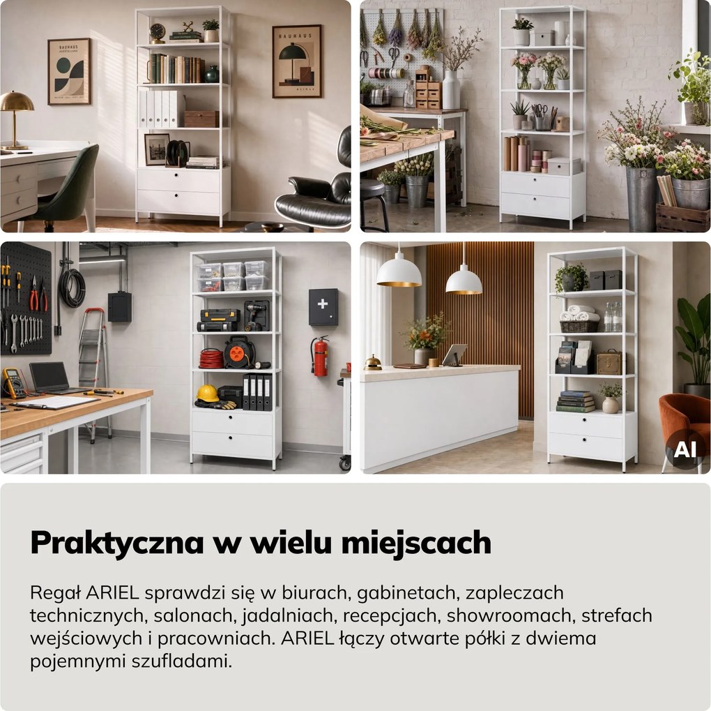Regał z szufladami do biura, na segregatory i dokumenty, otwarte półki, metalowy, biały, 800x2200x400 mm: ARIEL