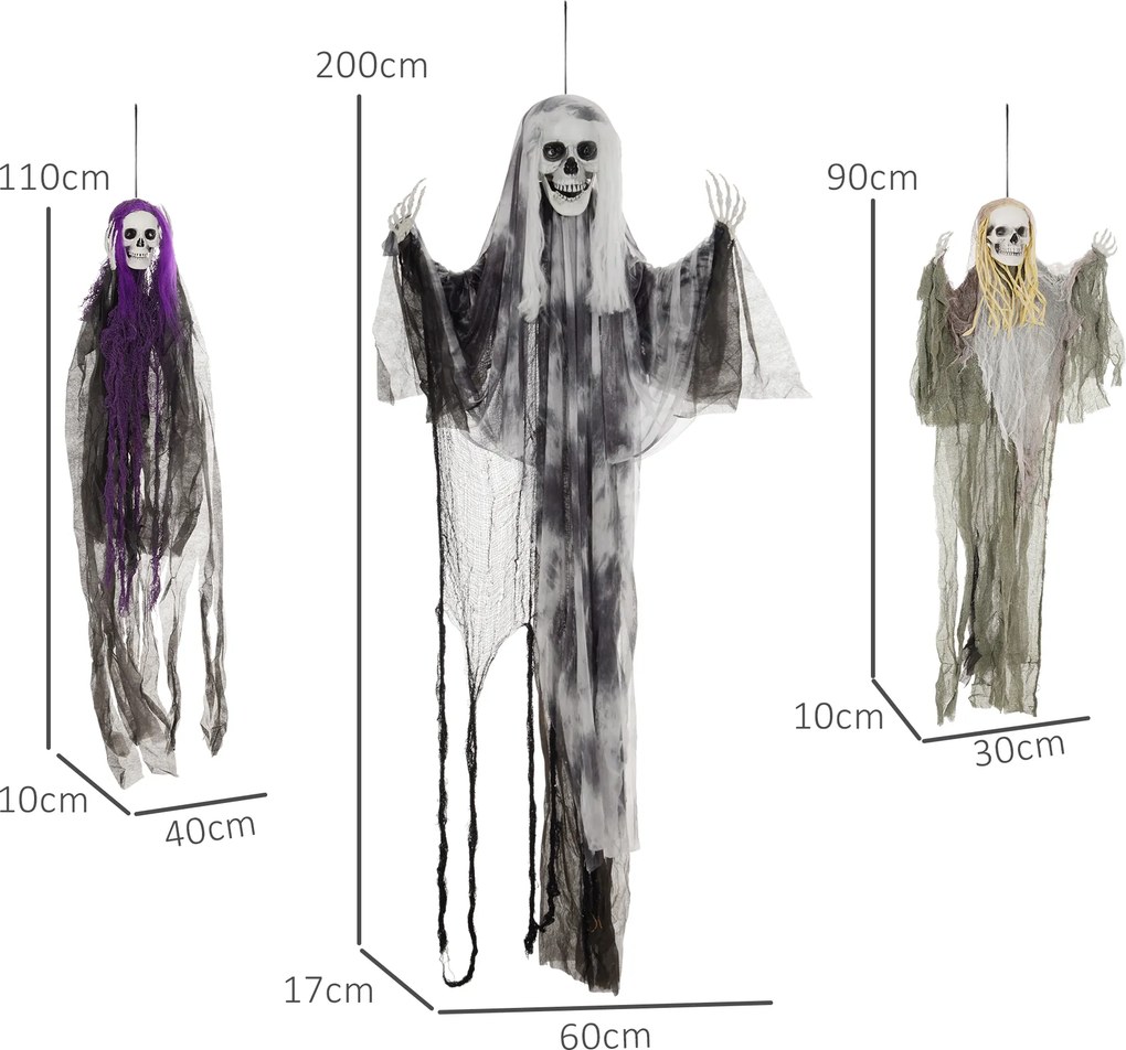 HOMCOM Wiszące Duchy-Szkielety, Zestaw 3 szt., Dekoracja na Halloween, Regulowane Ramiona, 150cm