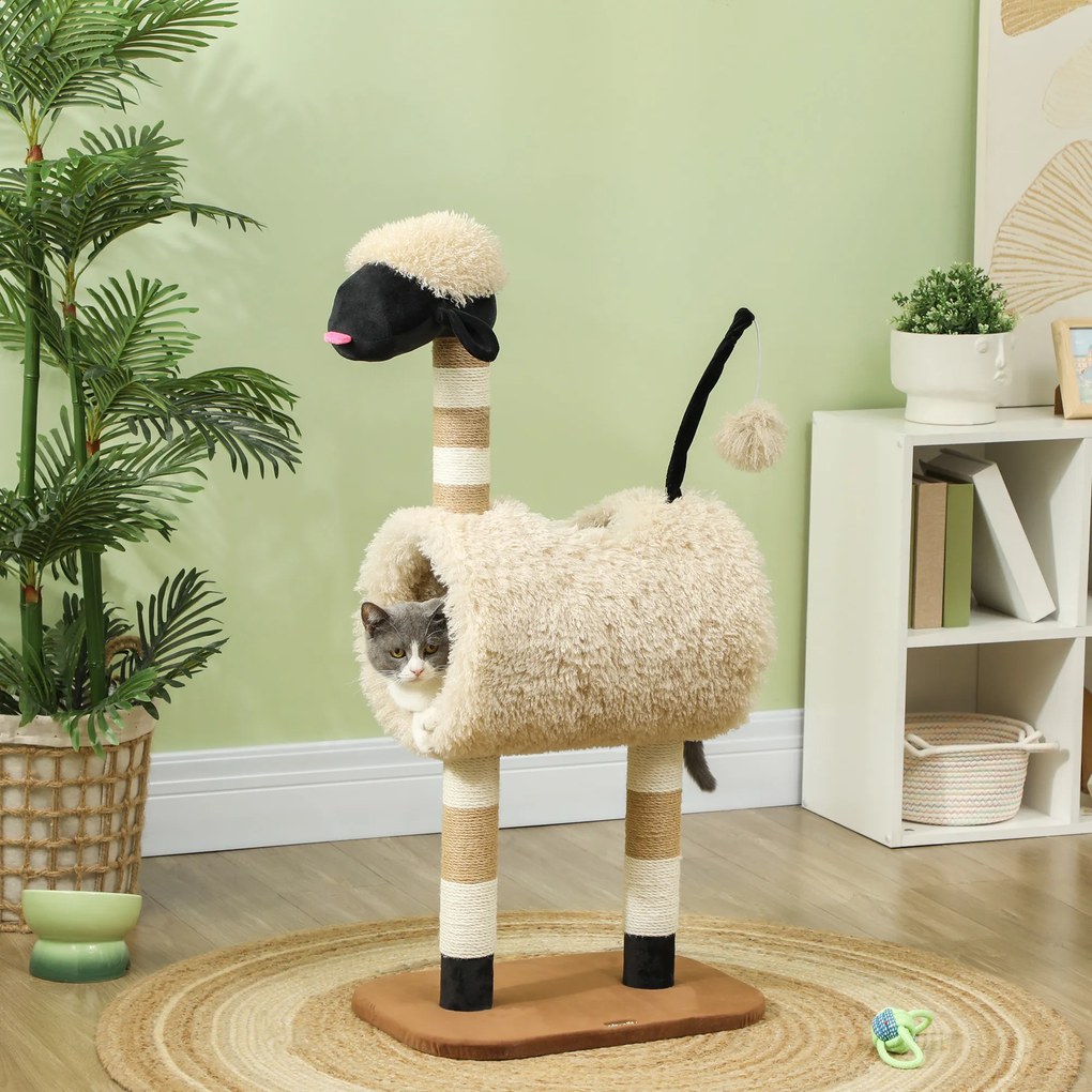 PawHut Drapak dla kota w designie baranka z słupkami do drapania, tunelem i zabawką, 98 cm, Jasnobrązowy