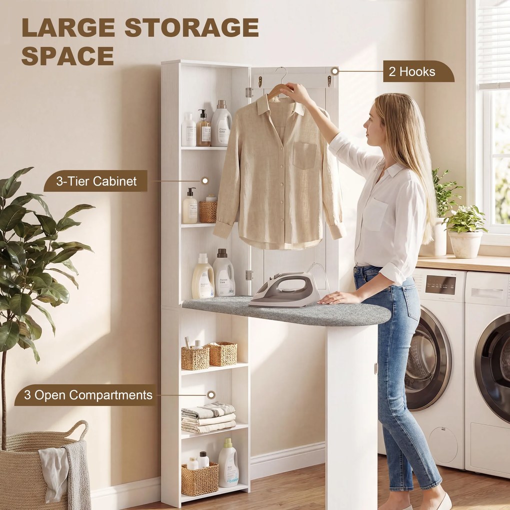 HOMCOM Składana szafka na deskę do prasowania z drzwiami, wewnętrznymi półkami, lustrem. Oszczędzająca miejsce stacja do prasowania 106x35x174 cm biała | Aosom PL