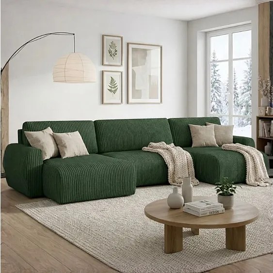 Stylowy narożnik rozkładany  ARIEL U 387x150x87 cm w tkaninie Velo 79 butelkowa zieleń