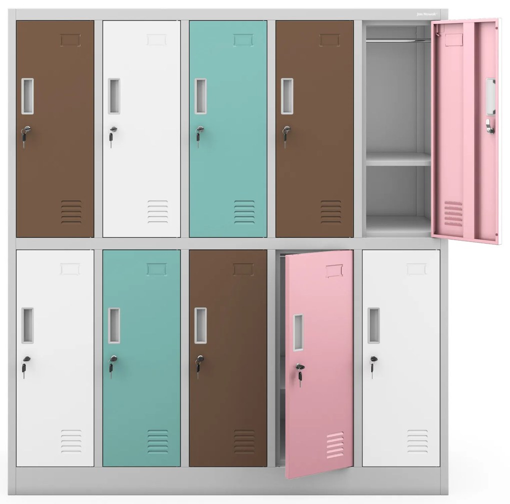 Szafka szkolna BHP szaro-pastelowa: 10-komorowa BARTUŚ, 1360 x 1500 x 450 mm