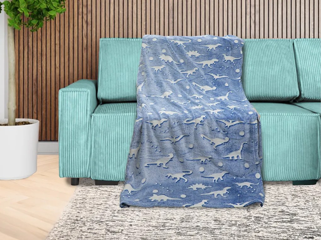 Niebieski świecący koc z mikroflaneli DINO BLUE 150x200 cm