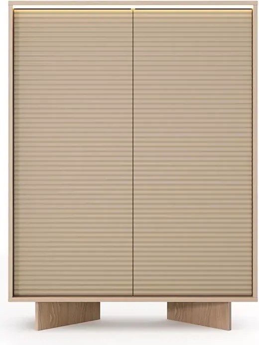 Komoda wysoka Parsja 2D LED – ryflowane fronty, bolivar naturalny / cappuccino, push-to-open