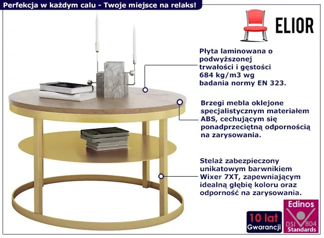 Nowoczesny stolik kawowy z półką złoty + dąb lancelot Kerva