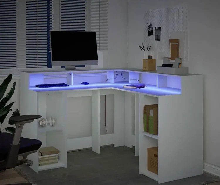 Białe narożne biurko z podświetleniem LED L6-S34