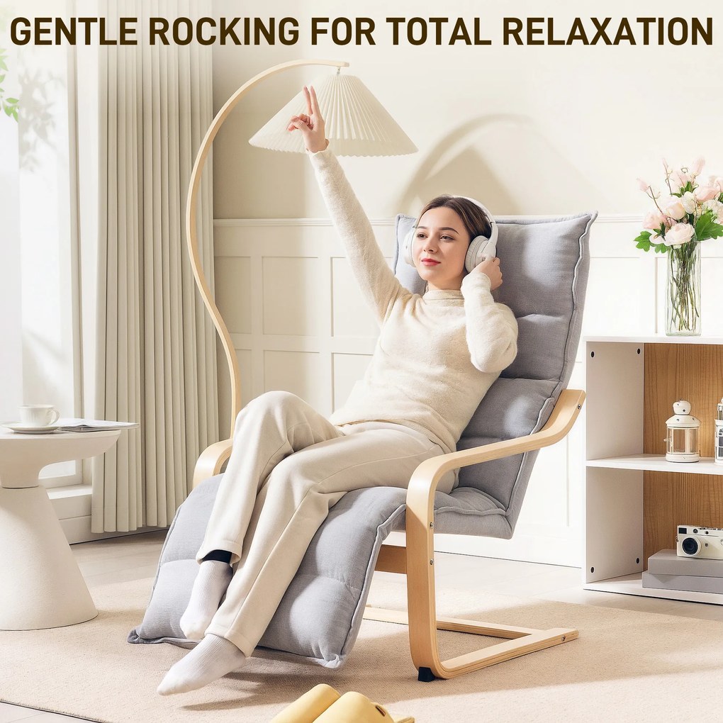 HOMCOM Fotel z laminowanej brzozy, tapicerowany fotel z regulowaną podnóżką, nowoczesny fotel z podłokietnikami, Jasnoszary