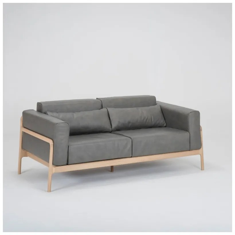 Ciemnoszara sofa z bawolej skóry z konstrukcją z litego drewna dębowego Gazzda Fawn, 180 cm