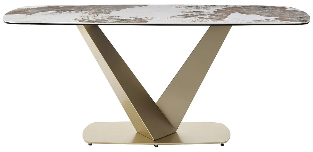 Stół do jadalni dla 6 osób z ceramiki, szkła hartowanego i złotego metalu - Efekt białego marmuru i szary - PORELIMA marki Maison Céphy