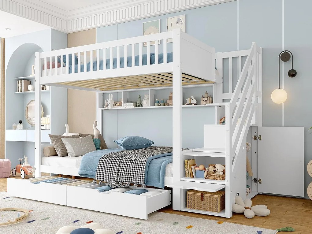 Łóżko piętrowe dla dzieci 90x200 cm - z 2 szufladami - z półkami + szafą - z przegródkami do przechowywania - biały
