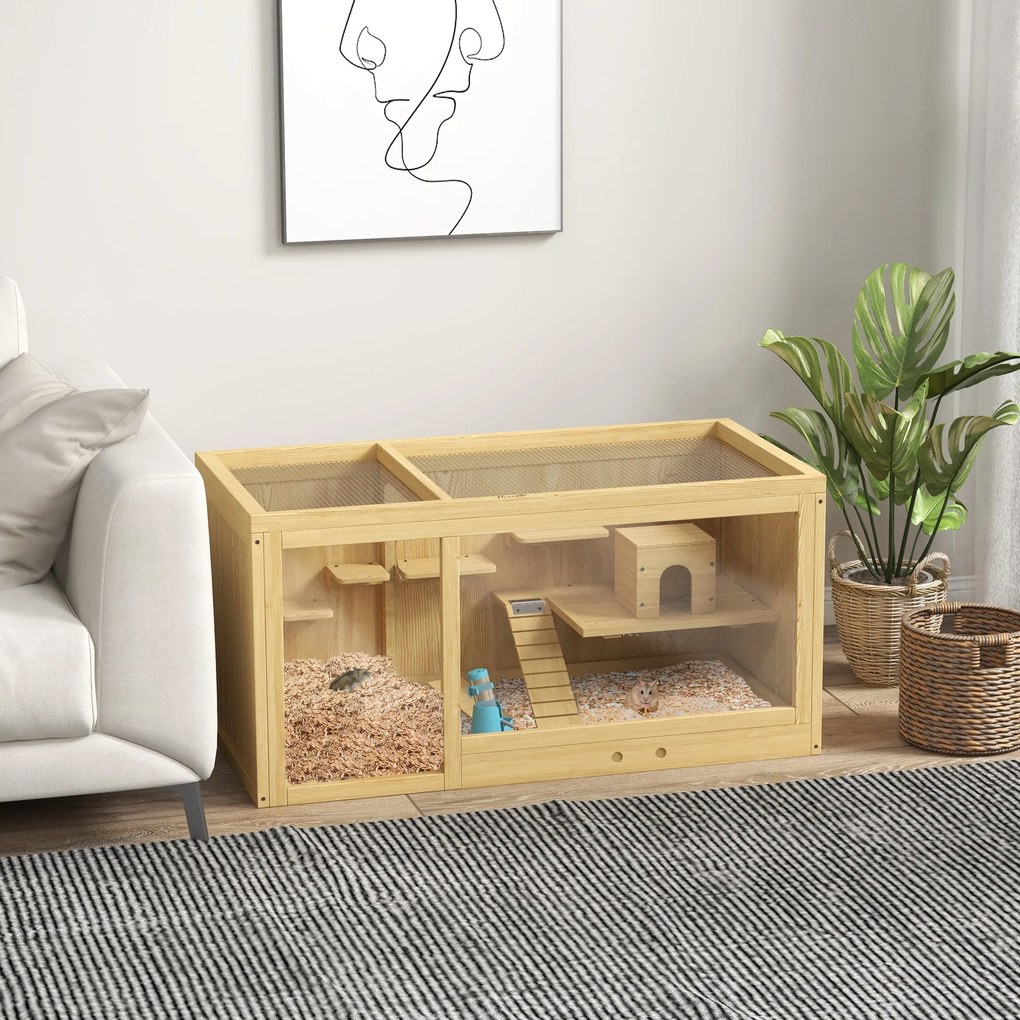 PawHut klatka dla królików drewniana duża z poidełkiem akcesoria dla gryzoni 100x50x50 cm naturalna | Aosom PL