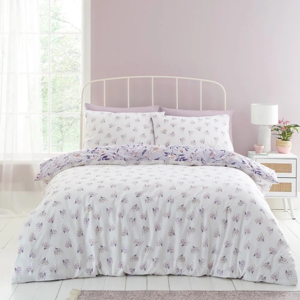 Biało-fioletowa pościel dwuosobowa 230x220 cm Isadora Floral – Catherine Lansfield