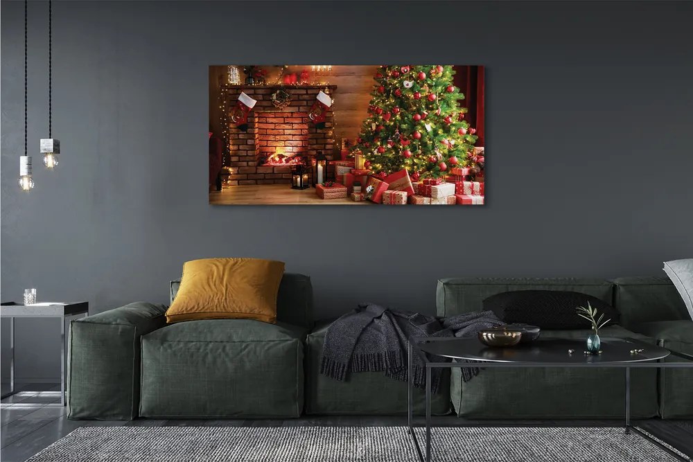 Fotoobraz na płótnie Kominek, Choinka, Prezenty i Lampki