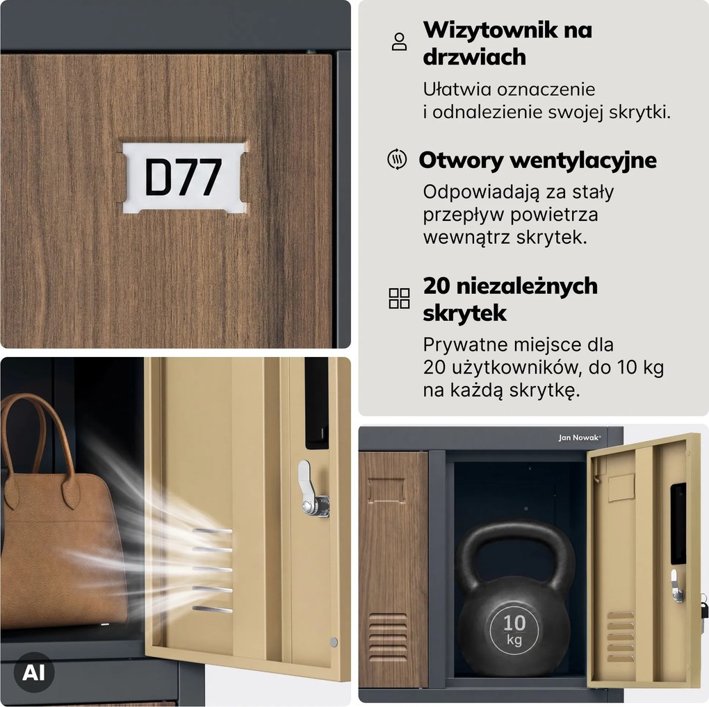 Szafa skrytkowa socjalna 20-skrytkowa na nóżkach antracytowa/orzech, 1360x1720x450 mm: ROBERT Eco Design