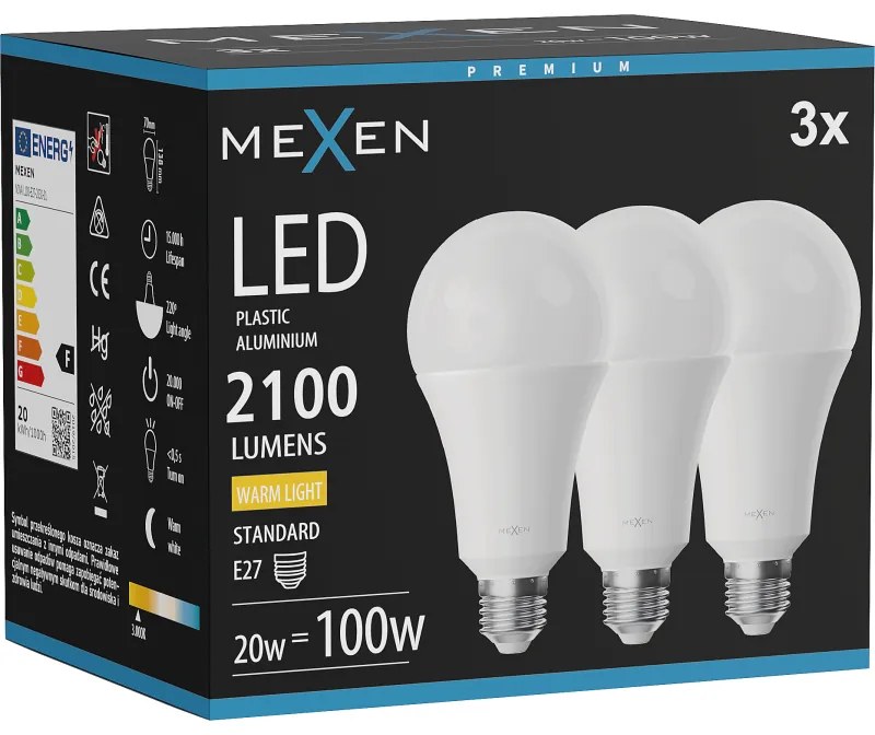 Mexen Nova 3x żarówka LED E27, A70, 20W, Ciepła - 3000K, 2100 lm - L100-E27-2030-01x03