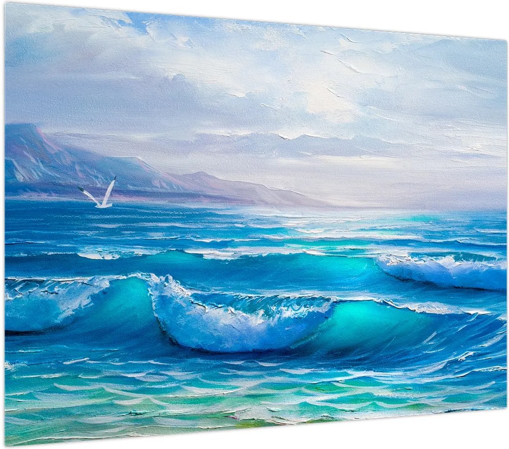 Obraz na szkle - Obraz olejny przedstawiający morze z mewami (70x50 cm)