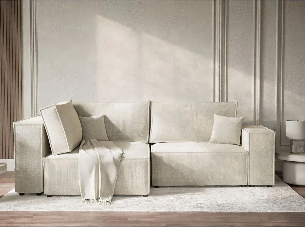 Kremowy rozkładany narożnik ze schowkiem z tkaniny szenilowej (lewostronny/w kształcie litery L) Tonga – Maison de Rêve