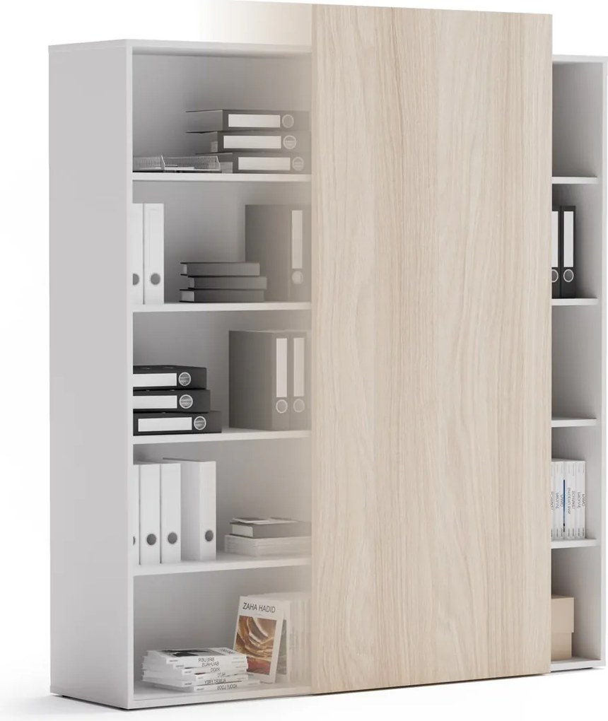 Regał biurowy z przesuwnym panelem BLOCK, 1600 x 400 x 1748 mm,  dąb naturalny