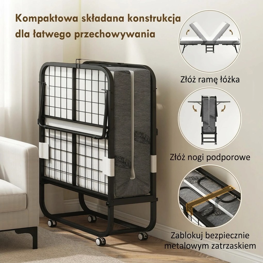 HOMCOM Łóżko gościnne, łóżko rozkładane, łóżko podróżne z kółkami, mata, stal, Biały+Czarny