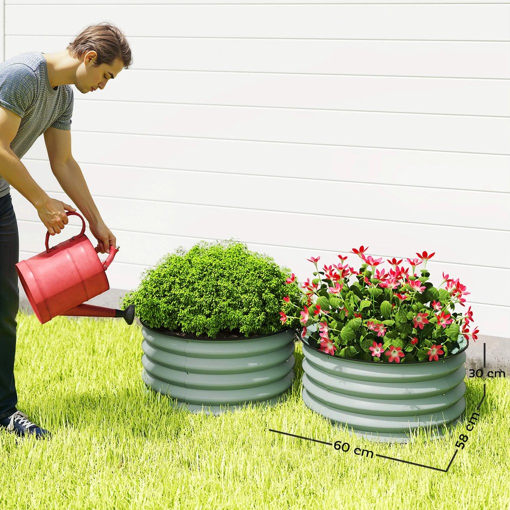 Outsunny Zestaw 2 ocynkowanych donic Ø60 x 30H cm z otwartym dnem na różne rośliny, Zielony