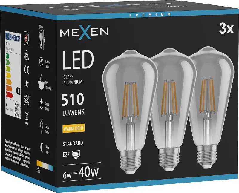 Mexen Vintis 3x żarówka filament LED E27, ST64, 6W, Ciepła - 2700K, 510 lm, smoke - L152-E27-0627-70x03