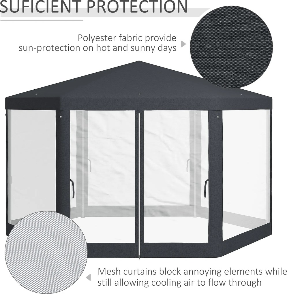 Outsunny Pawilon ogrodowy 4 x 4 m z moskitierą, namiot na imprezy, namiot ogrodowy, festiwalowy, 6-kątny, poliester, metal, ciemnoszary