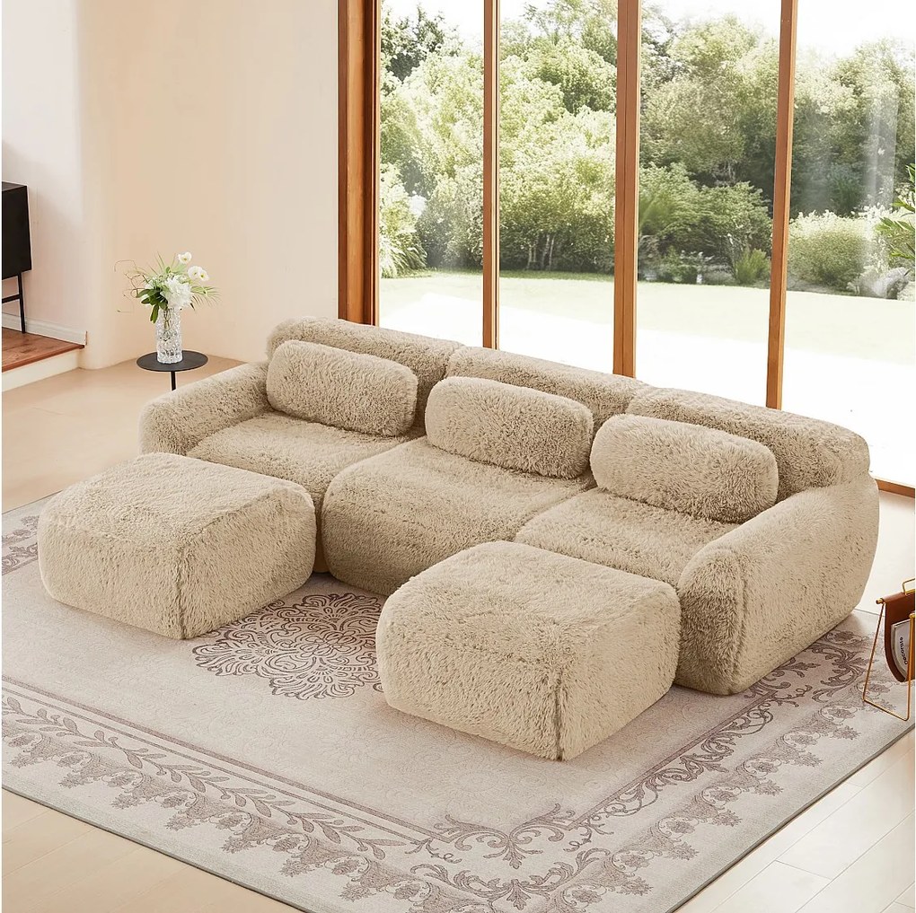 Modułowa Sofa Narożna w tkaninie pluszowej, z 2 pufami i 3 poduszkami, 291x179x73cm, Khaki