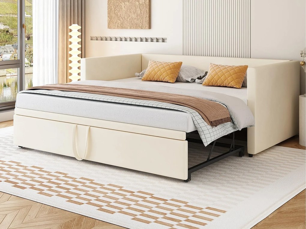 Rozkładana sofa z weluru 90/180x200cm - z wsuwanym łóżkiem - z stelażem lamelowym - Beżowy