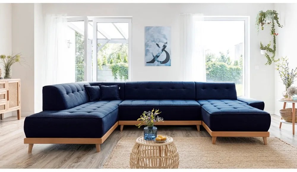 Granatowa rozkładana sofa w kształcie litery "U" Miuform Dazzling Daisy, lewostronna