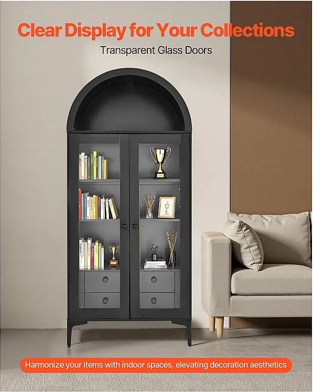 Gablota SucceBuy do Kolekcji Łukowej z Drzwiami Szklanymi, Szafa Ekspozycyjna 179 cm Wysokości, Ekspozytor do Antyków z 4 Poziomami i 2 Półkami
