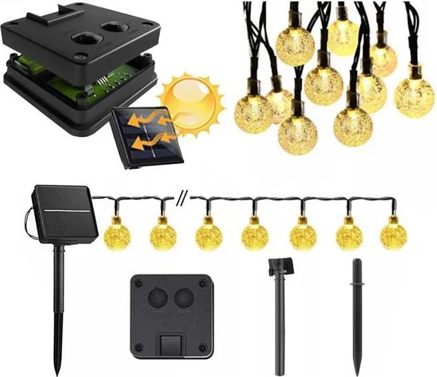 Dekoracyjny łańcuch solarny LED 50 diod / 8 funkcji 500 mAh 9,5 m IP67 ciepła biała