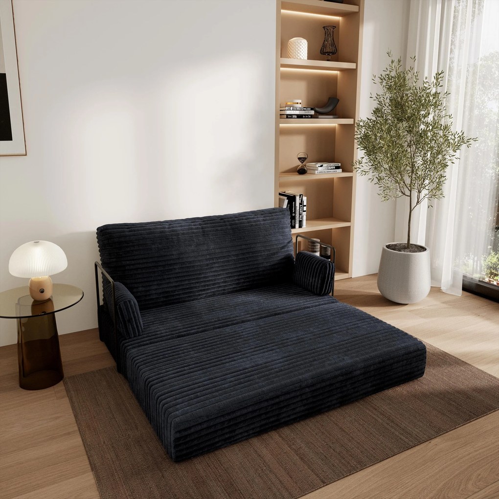 Masseno Sofa piankowa LADIA z funkcją spania, Kanapa z pianki do salonu, Bezmontażowa, Tkanina sztruksowa – Czarny TILIA 100