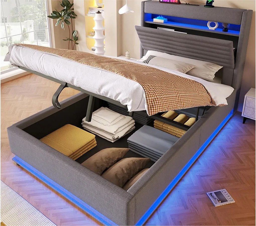Tapicerowane łóżko z pojemnikiem 90x200 cm - z portem USB Type-C - z oświetleniem LED - z przegródką do przechowywania - Szary​ (materac nie jest wliczony w cenę)