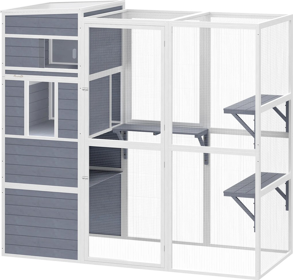 PawHut Klatka dla kotów na zewnątrz Domek dla kotów z drewna z 3 platformami, odpornym na warunki atmosferyczne dachem i miejscem do odpoczynku dla 3-4 kotów do 10 kg, Szary | Aosom PL