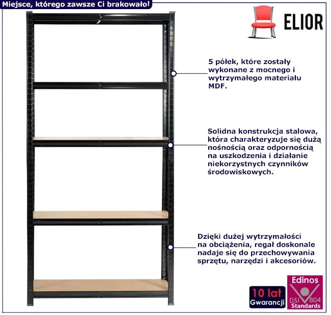 Czarny metalowy regał do garażu 180 cm Perilla 5X