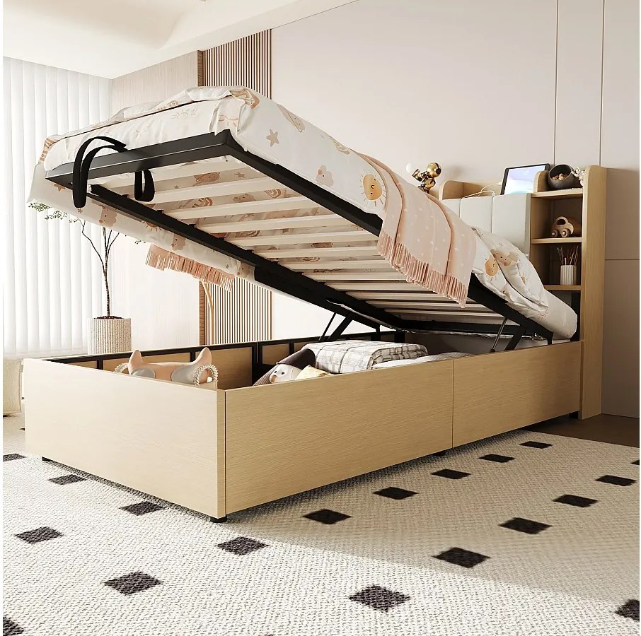 Łóżko dziecięce z pojemnikiem - 90 x 200 cm - zagłówek ze schowkiem - z USB + Type-C - MDF - jasny naturalny