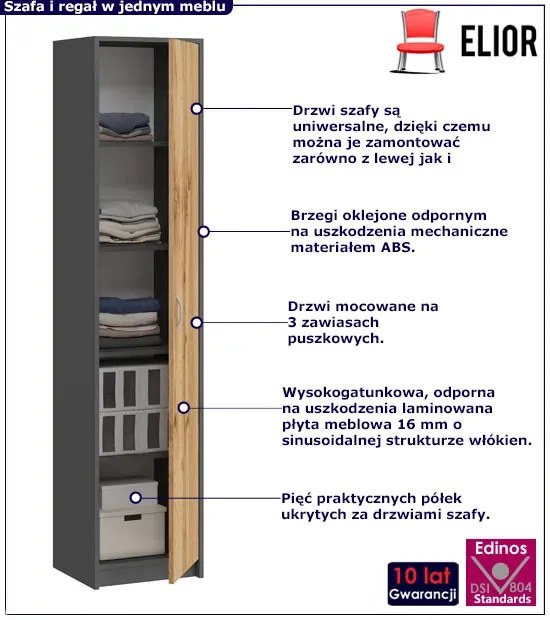 Jednodrzwiowa Szafa Z Półkami Antracyt + Dąb Wotan S6-E56