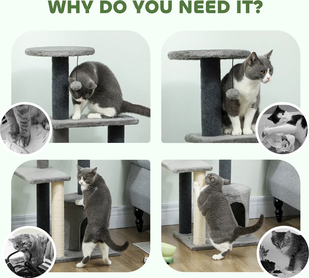 PawHut Drapak 103 cm z domkiem dla kota, platformami, słupkami owiniętymi sizalem, pluszową zawieszką, szary | Aosom PL