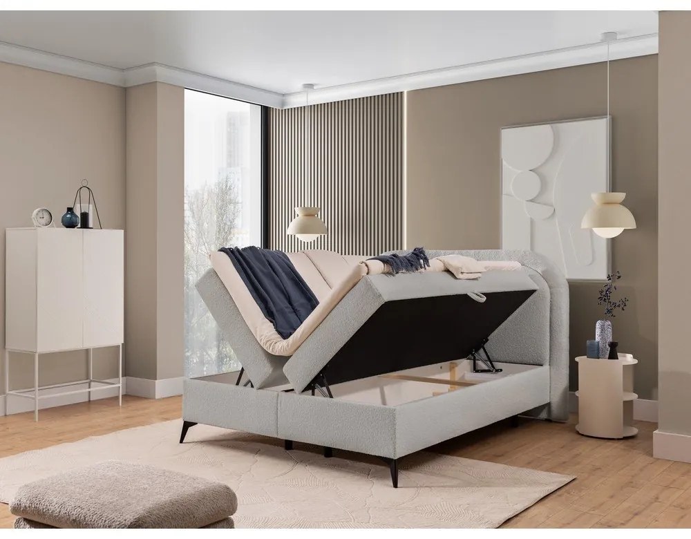 Jasnoszare łóżko kontynentalne ze schowkiem 200x200 cm Ornes – Ropez