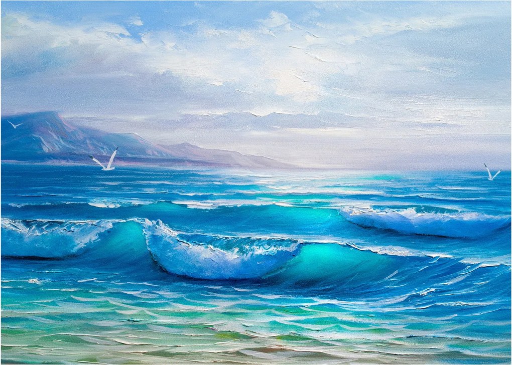 Obraz na szkle - Obraz olejny przedstawiający morze z mewami (70x50 cm)
