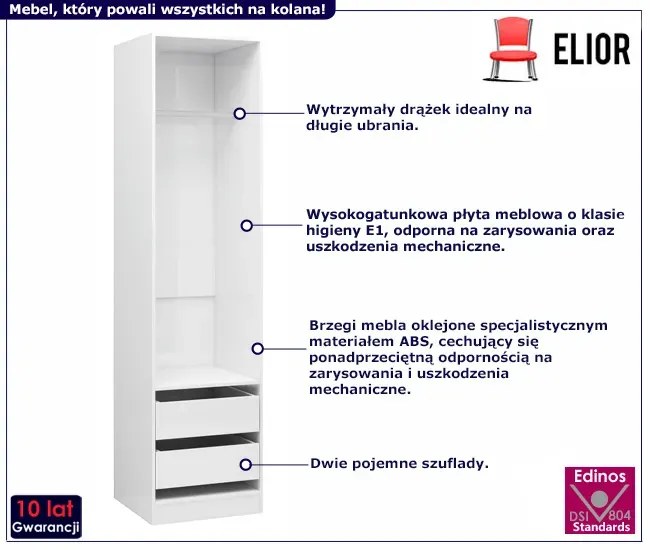 Biała szafa w połysku z drążkiem i szufladami - Uxaro 4X