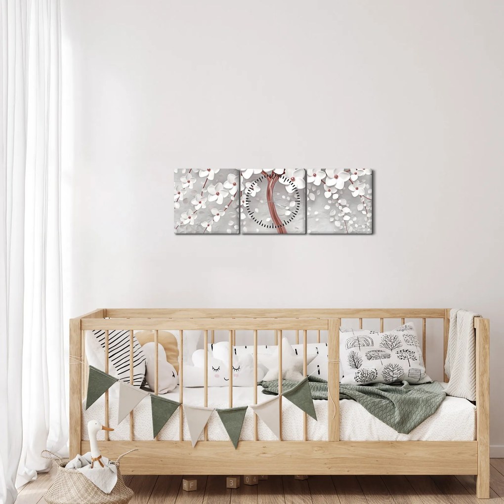 Obraz - Obraz białego drzewa z kwiatami, rosegold (z zegarem) (90x30 cm)