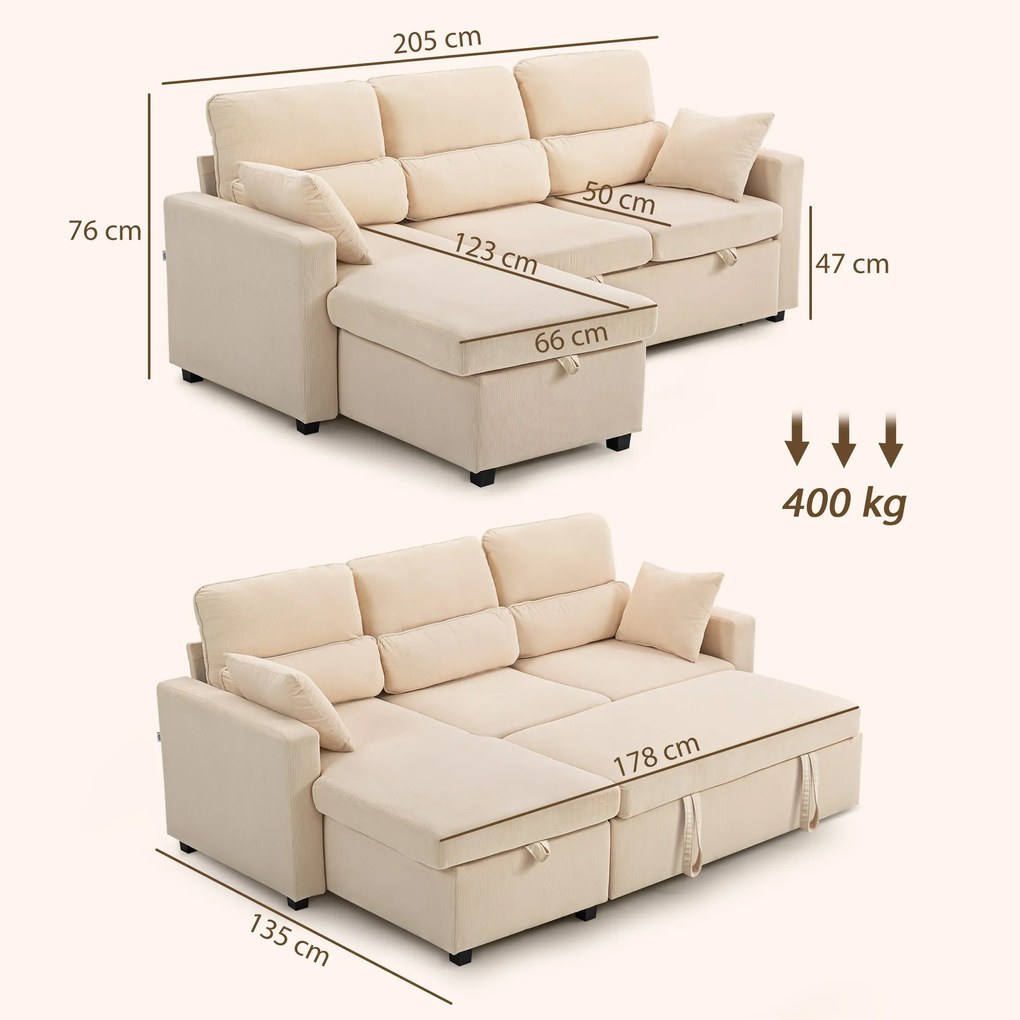 HOMCOM Regulowana sofa rozkładana, narożna sofa dla gości z funkcją łóżka, schowek, poduszki, do salonu, pokoju gościnnego, beżowy