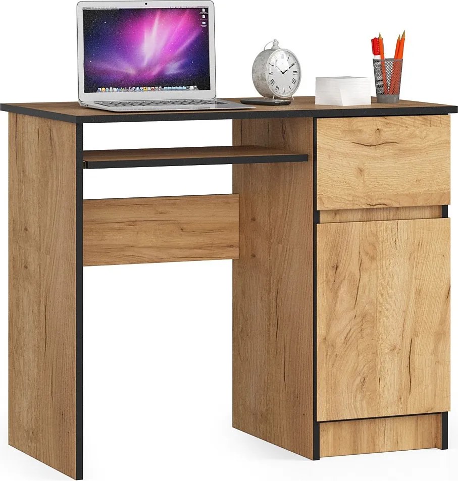 Biurko komputerowe AKORD PIKSEL Dąb Craft 90 cm prawe 1 drzwi 1 szuflada kolor Dąb Craft mat 3 półki 90x50x77 cm