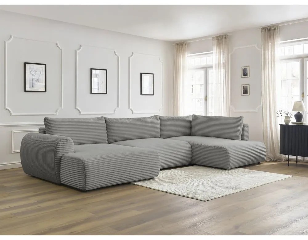 Ciemnoszary sztruksowy rozkładany/ze schowkiem narożnik (prawostronny/w kształcie litery U) Lucien – Bobochic Paris