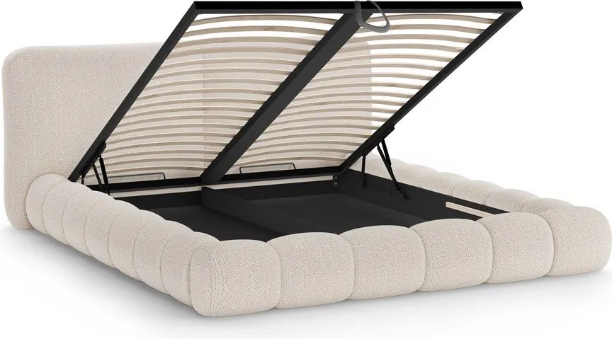 Beżowe tapicerowane łóżko dwuosobowe ze schowkiem i stelażem 160x200 cm Solange – Micadoni