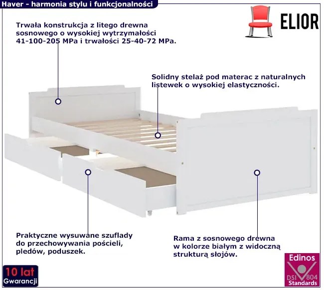 Białe Sosnowe Pojedyncze Łóżko Z Szufladami 90X200 G5-D31
