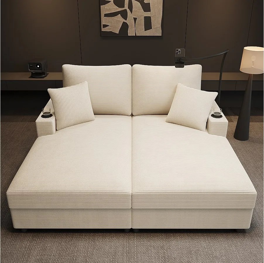 Sofa 2-osobowa z funkcją spania - 163 x 140 x 82 cm - z wyściełanym oparciem + port USB + uchwyt na kubek - welur - beżowa