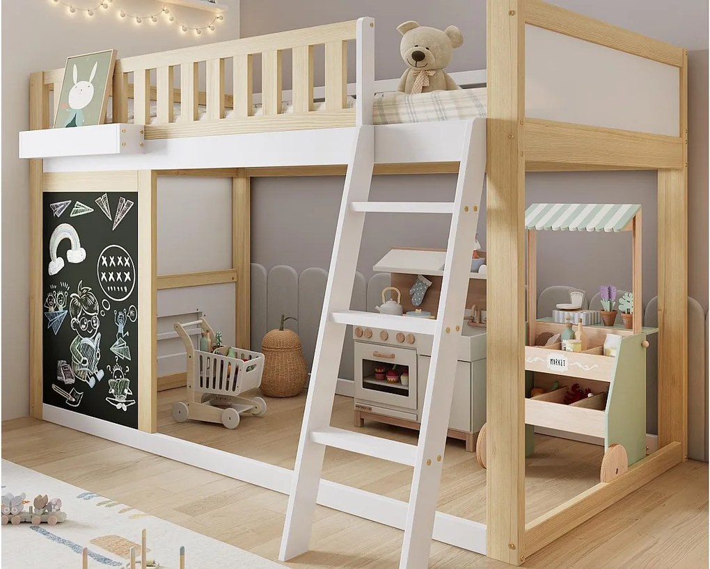 Łóżko mezzanine 90x200cm - z drabiną i tablicą - z barierką bezpieczeństwa - drewno lite + MDF - Biały + Naturalny (bez materaca)