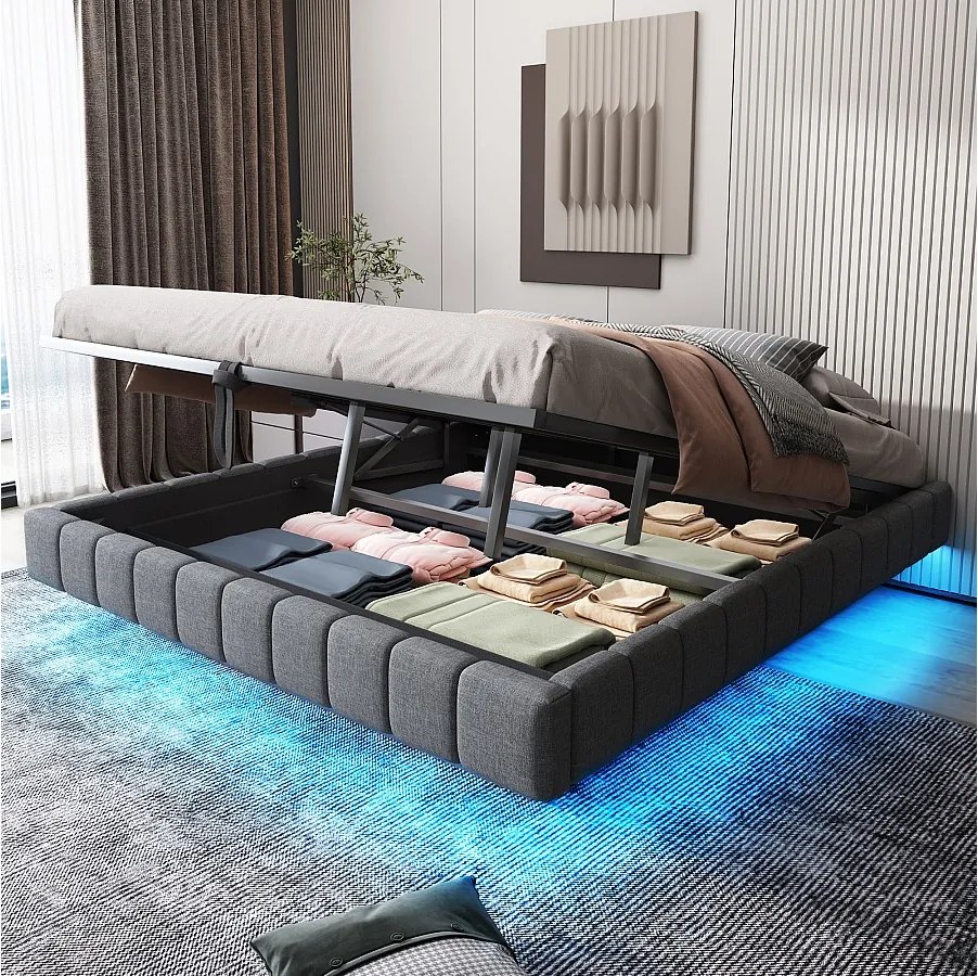 Podwójne łóżko z pojemnikiem 180x200 cm z regulowanym oświetleniem LED, len szary - bez materaca (bez zagłówka)